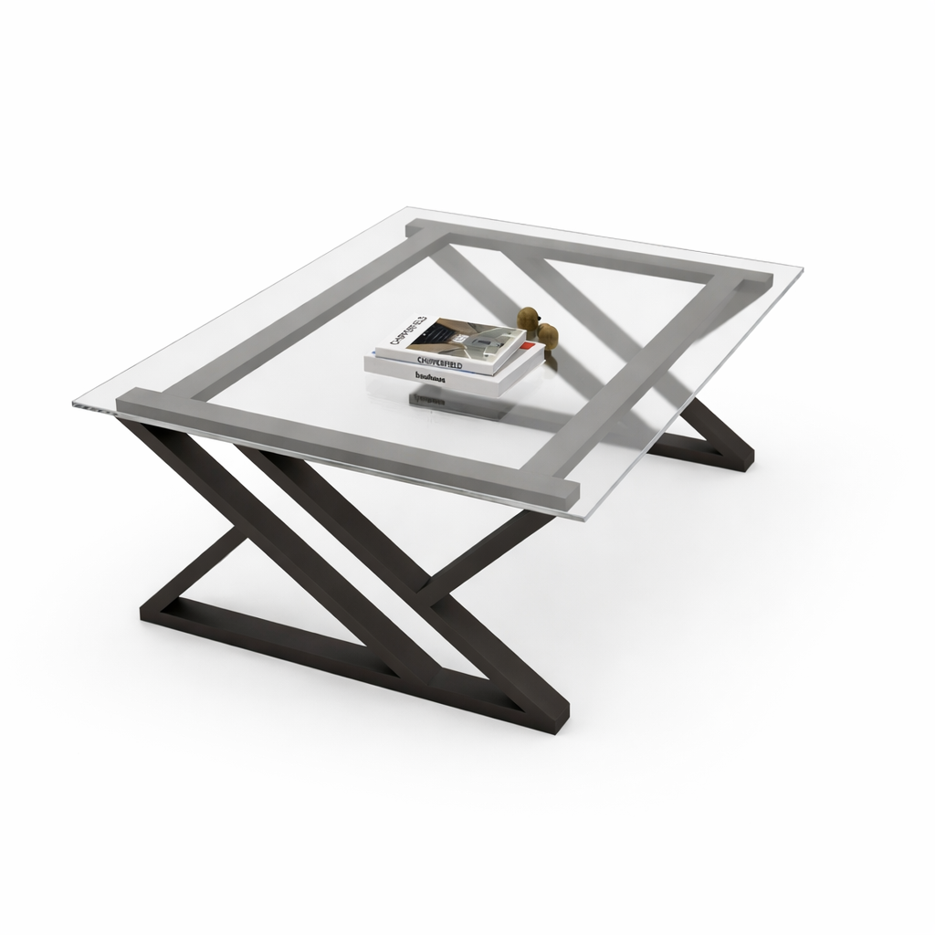 Modern Glass Top X-Frame Coffee Table